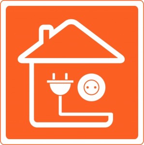 12489616 - red icon with house silhouette and socket with plug